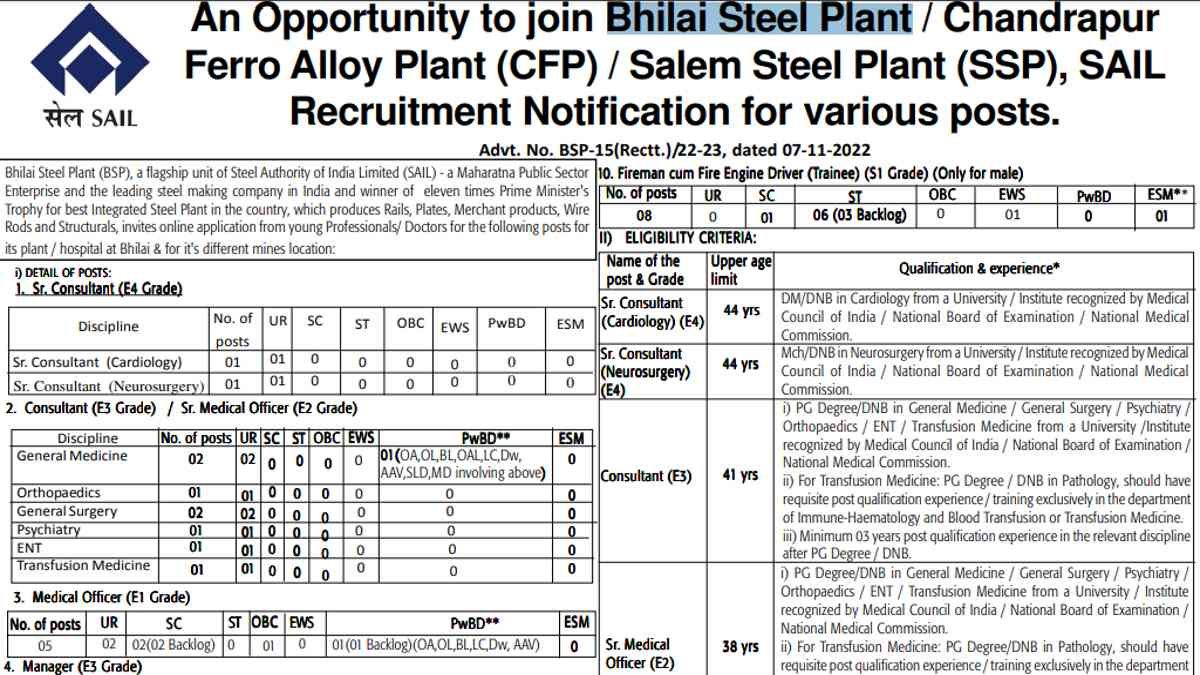 bhilai steel plant job