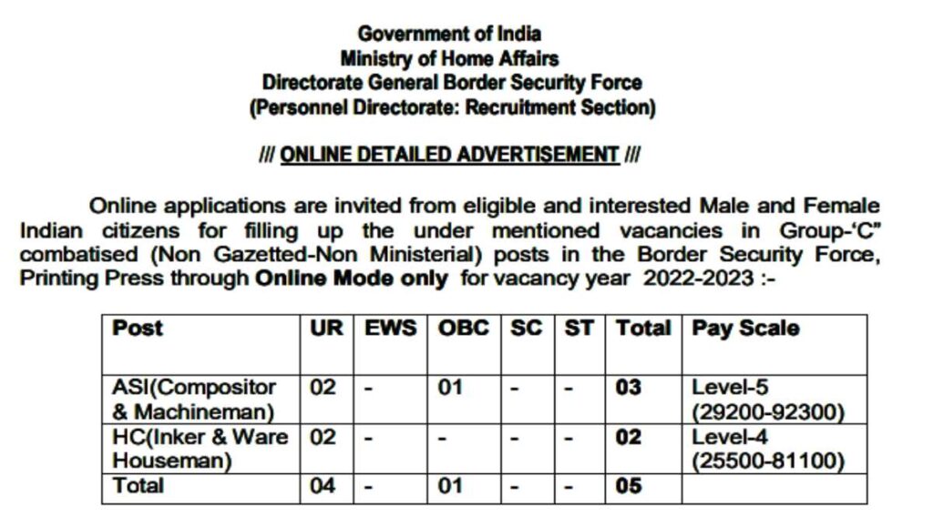 BSF ASI Vacancy